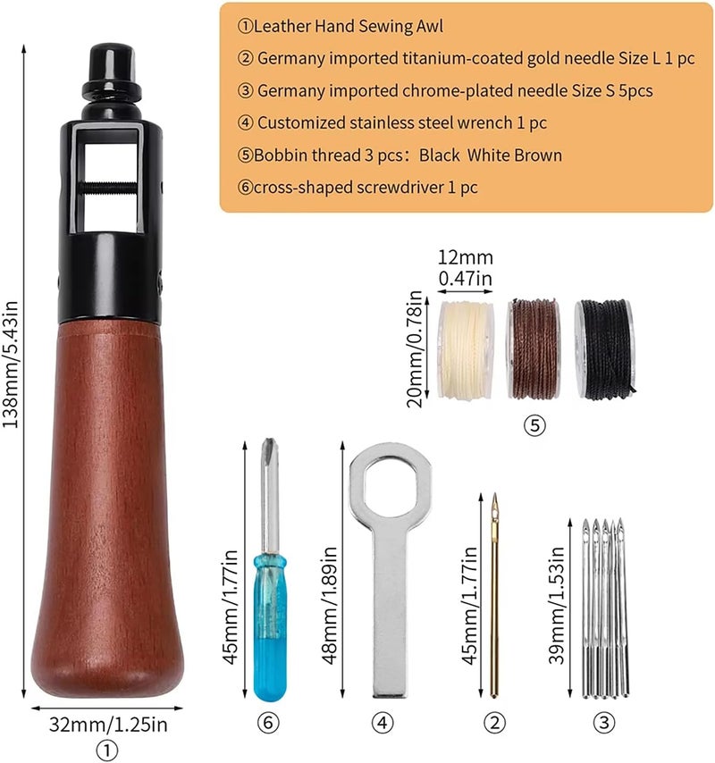 WUTA Repair Stitch Kit Leathercraft Stitch Awl Tool with 10Pcs Large Titanium-Plated Needle, for Leather, Belt, Canvas, Fabric, Bag Repair Professional Stitcher Leather Craft Tool - Image 2